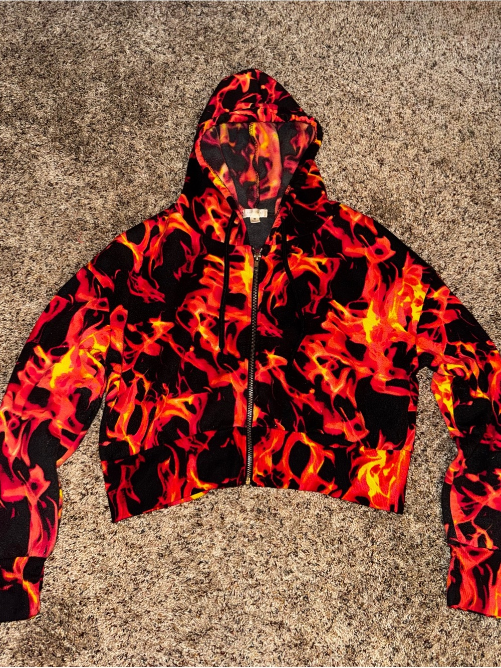 Women's Black Hoodie Jacket with Red & Orange Flame Print